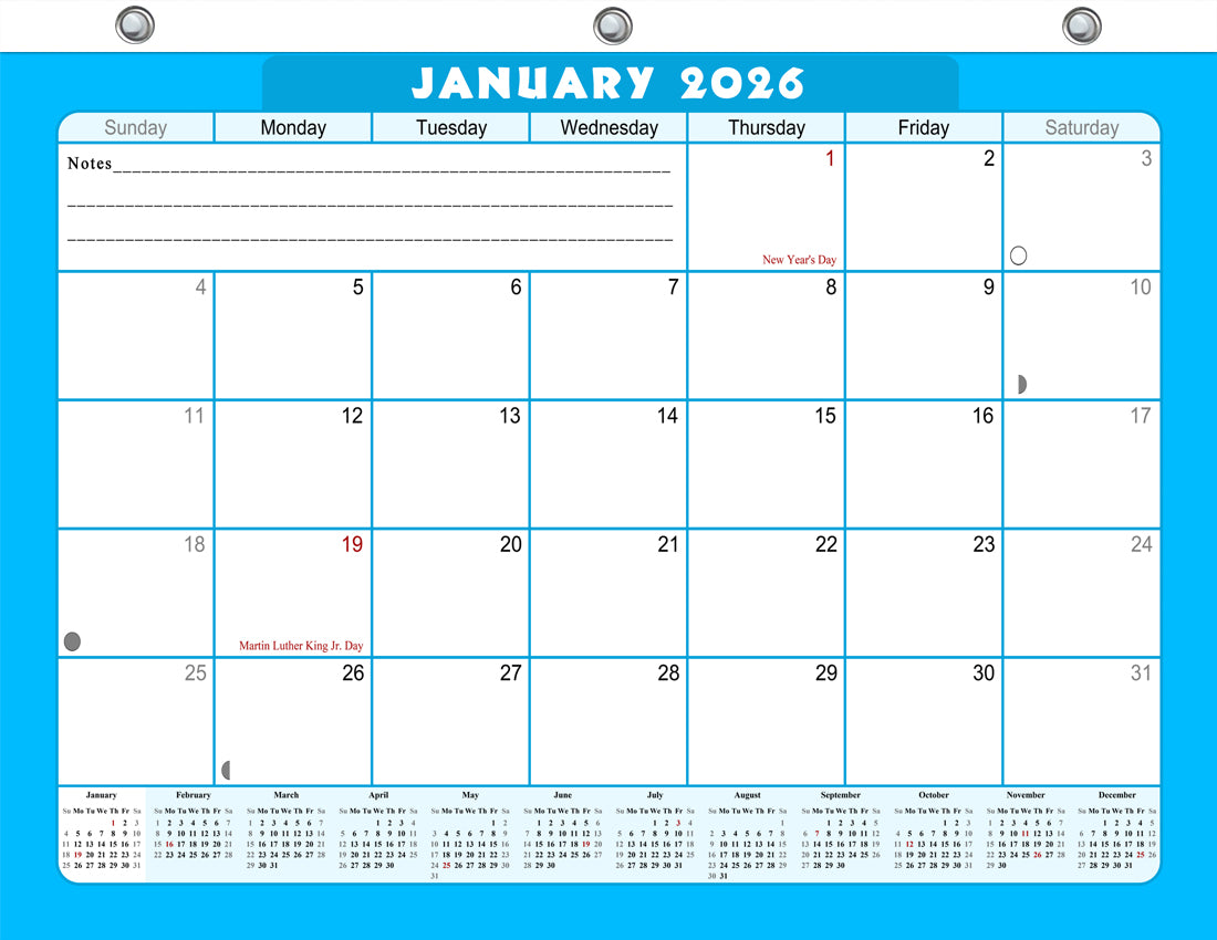2025 - 2026 Student Calendar/Planner for 3-Ring Binder, Desk, or Wall - v007