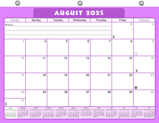 2025 - 2026 Academic Year 12 Months Student Calendar / College Planner for 3-Ring Binder, Desk or Wall -School Supplies - Made in USA -v005