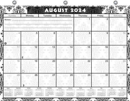2024-2025 Academic Year 12 Months Student Calendar/Planner for 3-Ring Binder, Desk or Wall (Black & White Damask - Edition #009)