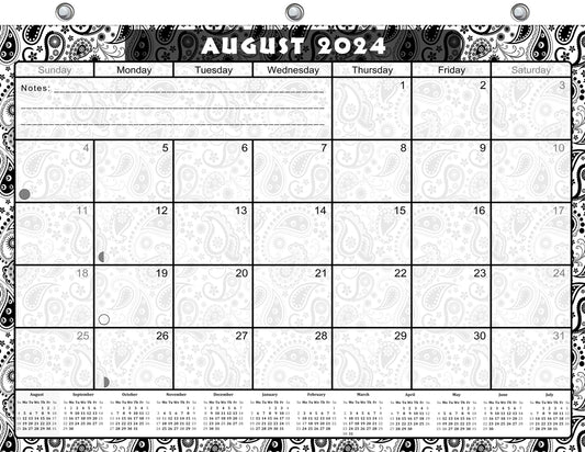 2024-2025 Academic Year 12 Months Student Calendar/Planner for 3-Ring Binder, Desk or Wall - (Black & White Paisley Edition #010)