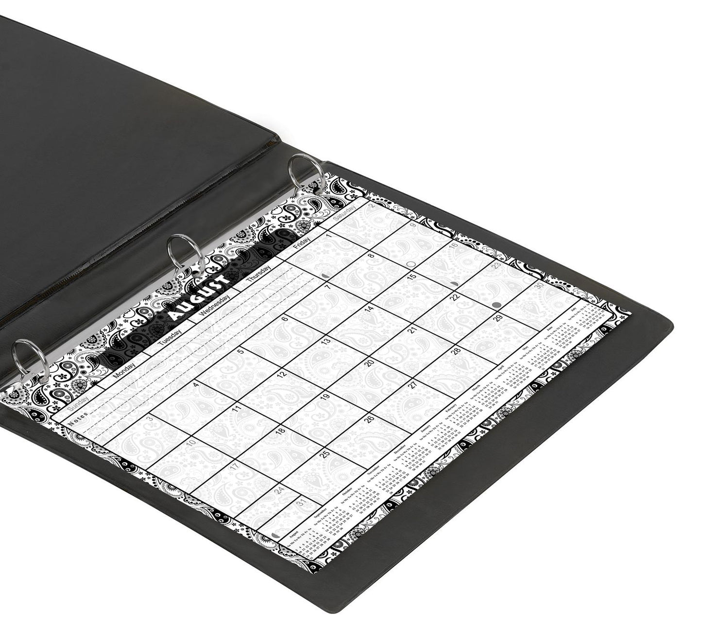 2026 - 2027 Academic Year 12 Months Student Calendar / College Planner for 3-Ring Binder, Desk or Wall -School Supplies - Made in USA - (Black & White Paisley Edition #010)