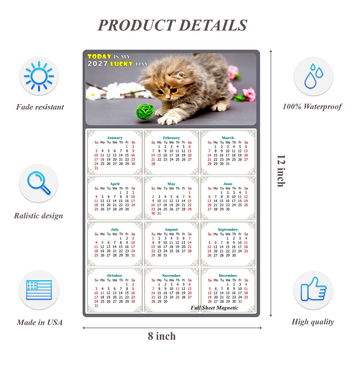 2027 Peel & Stick Calendar - Today is my Lucky Day Removable - Cat 017 (12"x 8")