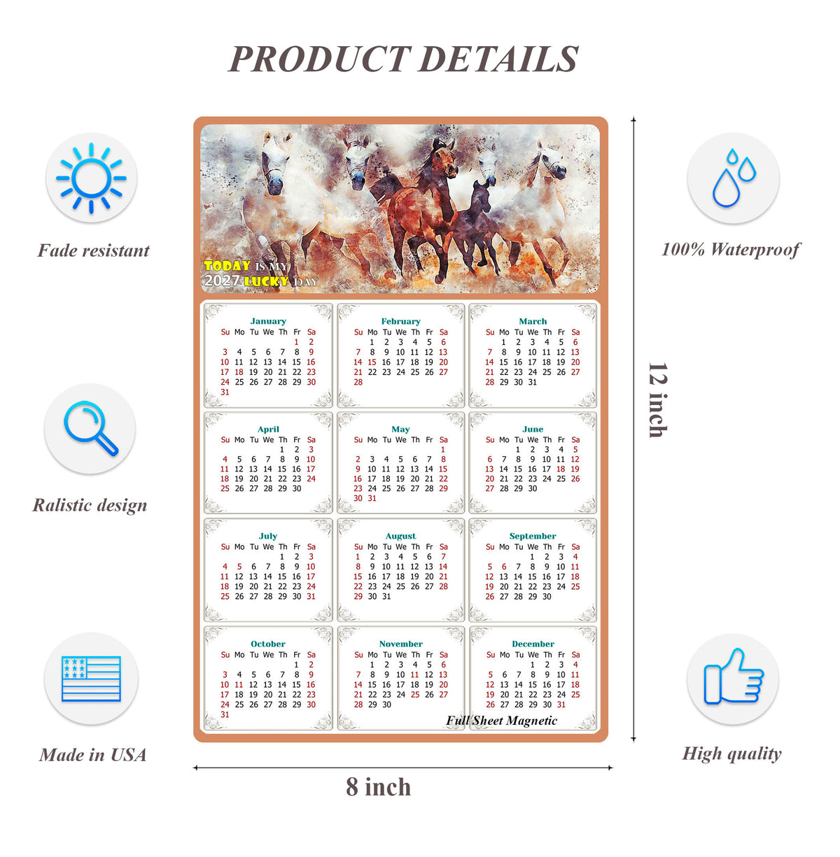 2027 Peel & Stick Calendar - Today is my Lucky Day Removable - Horses 09 (12"x 8")