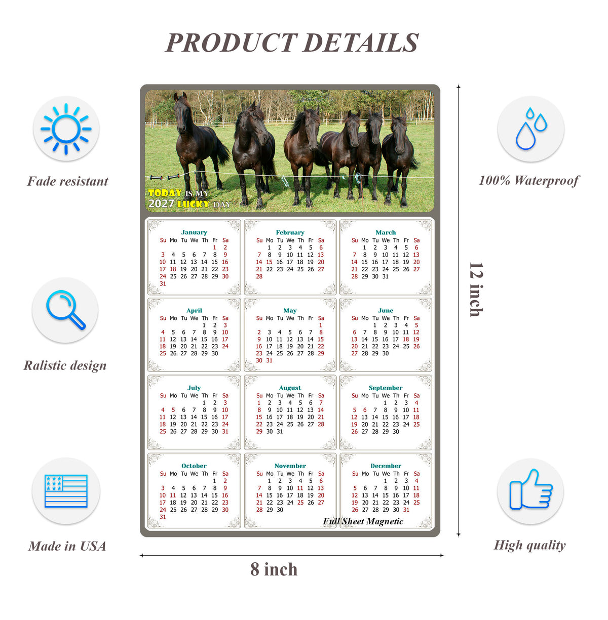 2027 Peel & Stick Calendar - Today is my Lucky Day Removable - Horses 06 (12"x 8")