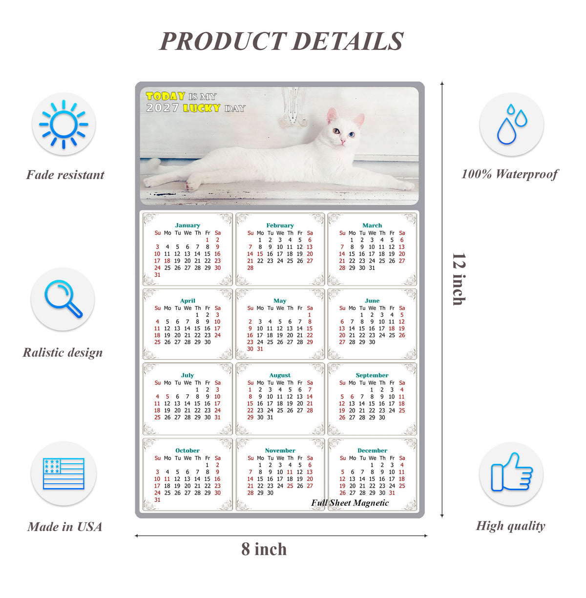 2027 Peel & Stick Calendar - Today is my Lucky Day Removable - Cat 06 (12"x 8")
