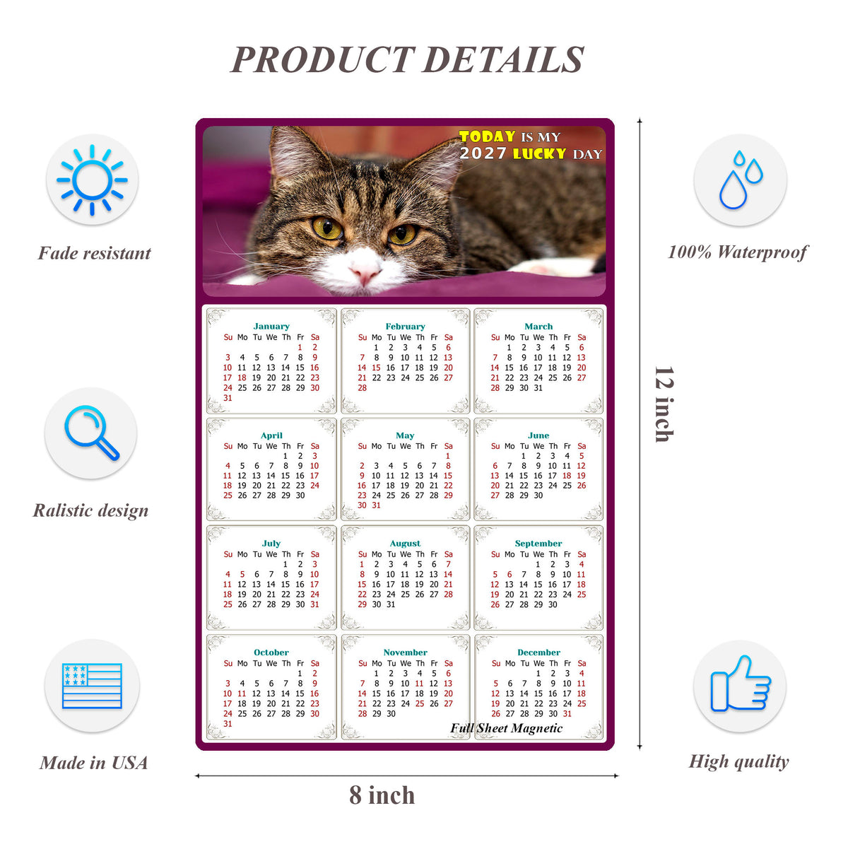 2027 Peel & Stick Calendar - Today is my Lucky Day Removable - Cat 022 (12"x 8")