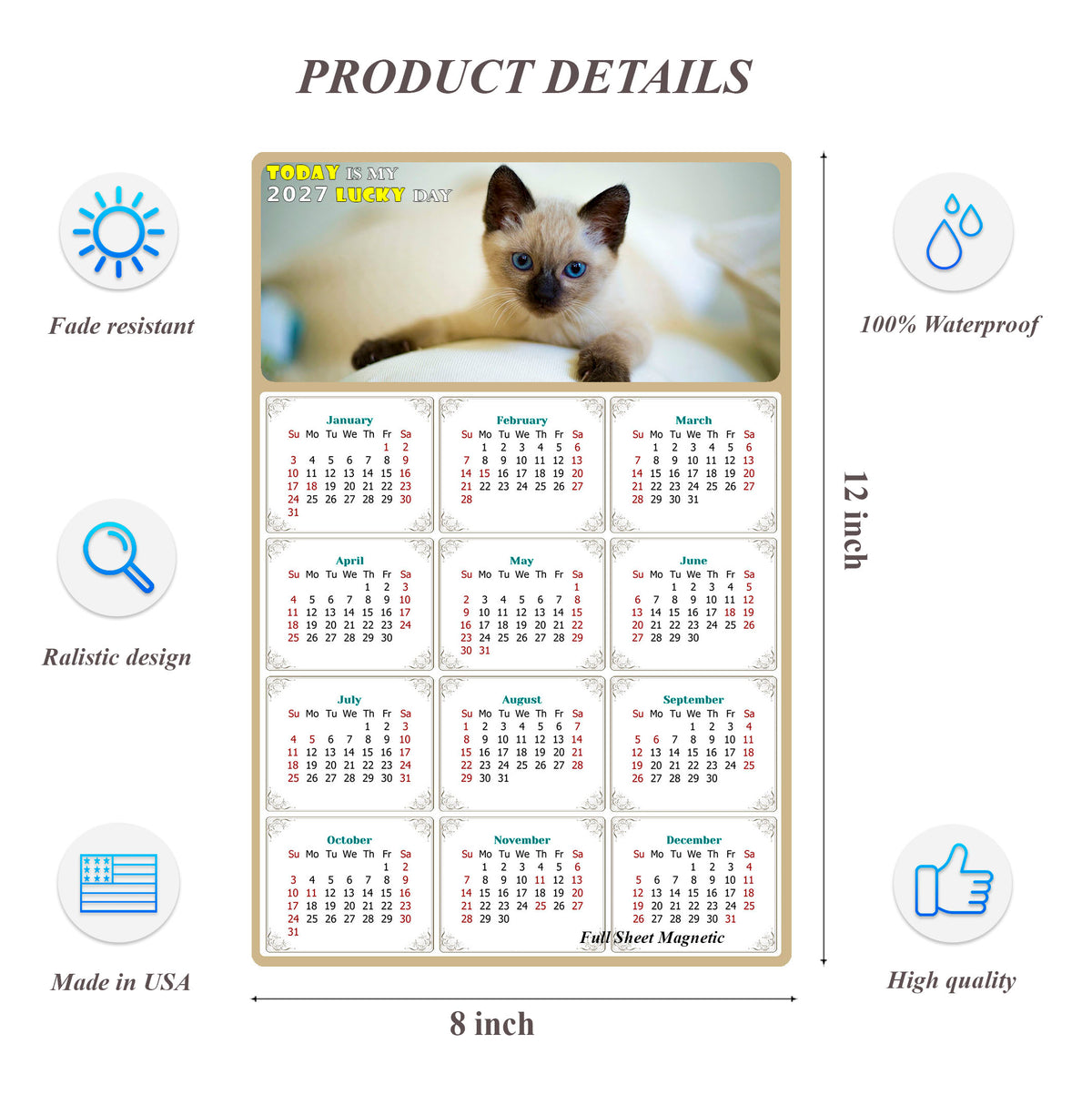 2027 Peel & Stick Calendar - Today is my Lucky Day Removable - Cat 013 (12"x 8")