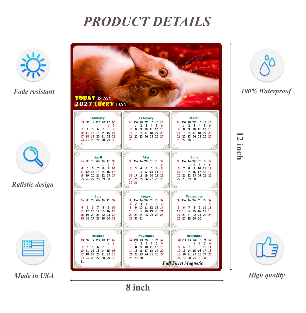 2027 Peel & Stick Calendar - Today is my Lucky Day Removable - Cat 07 (12"x 8")