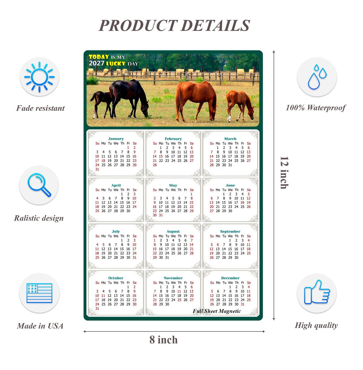 2027 Peel & Stick Calendar - Today is my Lucky Day Removable - Horses 010 (12"x 8")