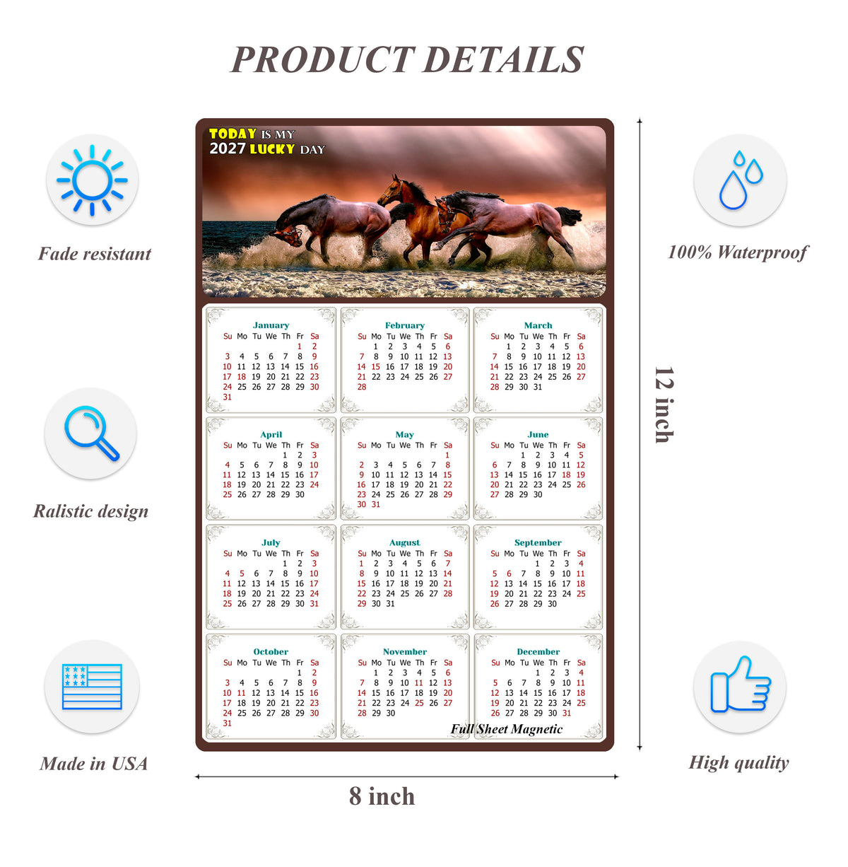 2027 Peel & Stick Calendar - Today is my Lucky Day Removable - Horses 01 (12"x 8")
