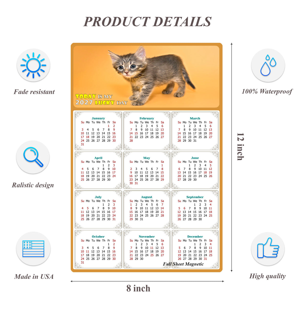 2027 Peel & Stick Calendar - Today is my Lucky Day Removable - Cat 018 (12"x 8")
