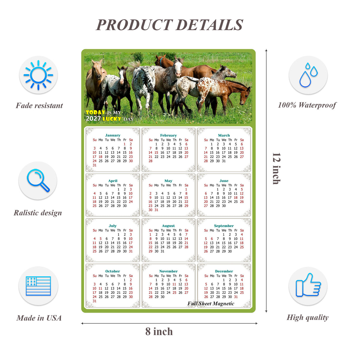 2027 Peel & Stick Calendar - Today is my Lucky Day Removable - Horses 02 (12"x 8")
