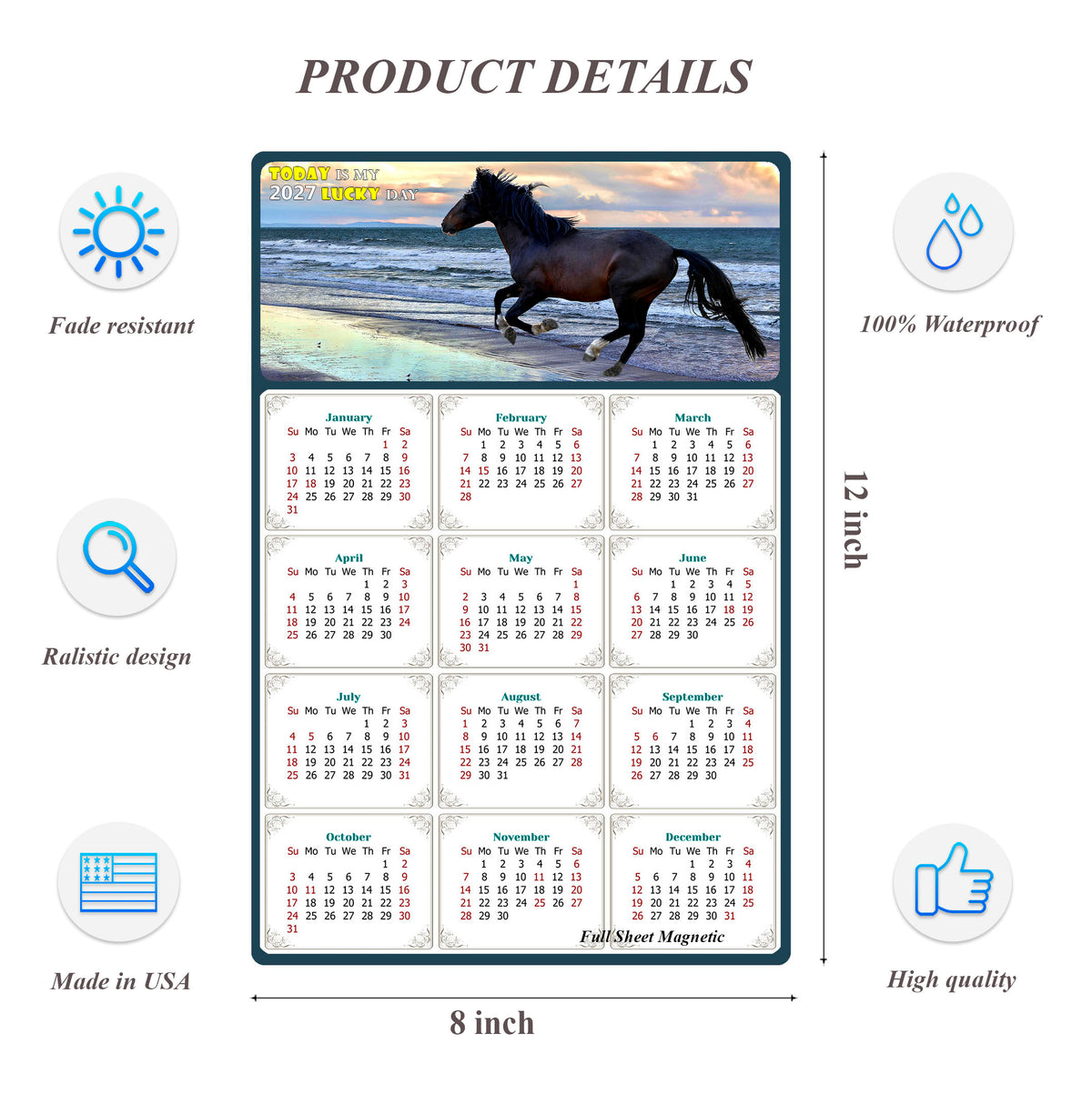 2027 Peel & Stick Calendar - Today is my Lucky Day Removable - Horses 015 (12"x 8")