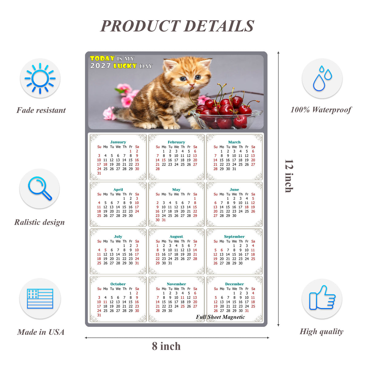 2027 Peel & Stick Calendar - Today is my Lucky Day Removable - Cat 016 (12"x 8")