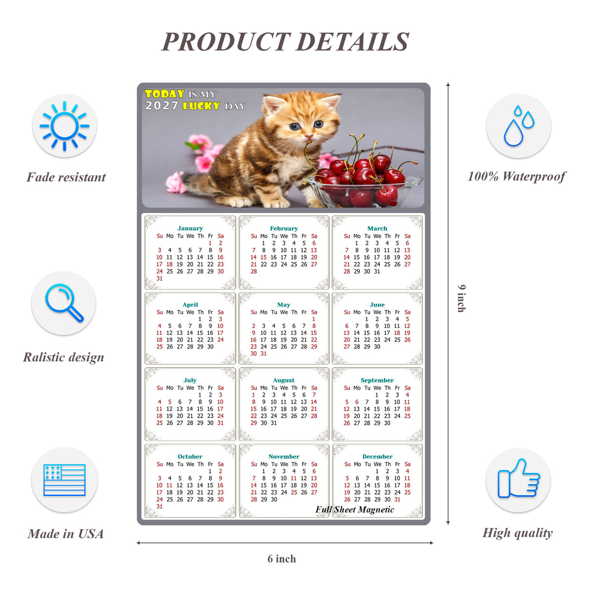 2027 Peel & Stick Calendar - Today is my Lucky Day Removable - Cat 016 (9"x 6")