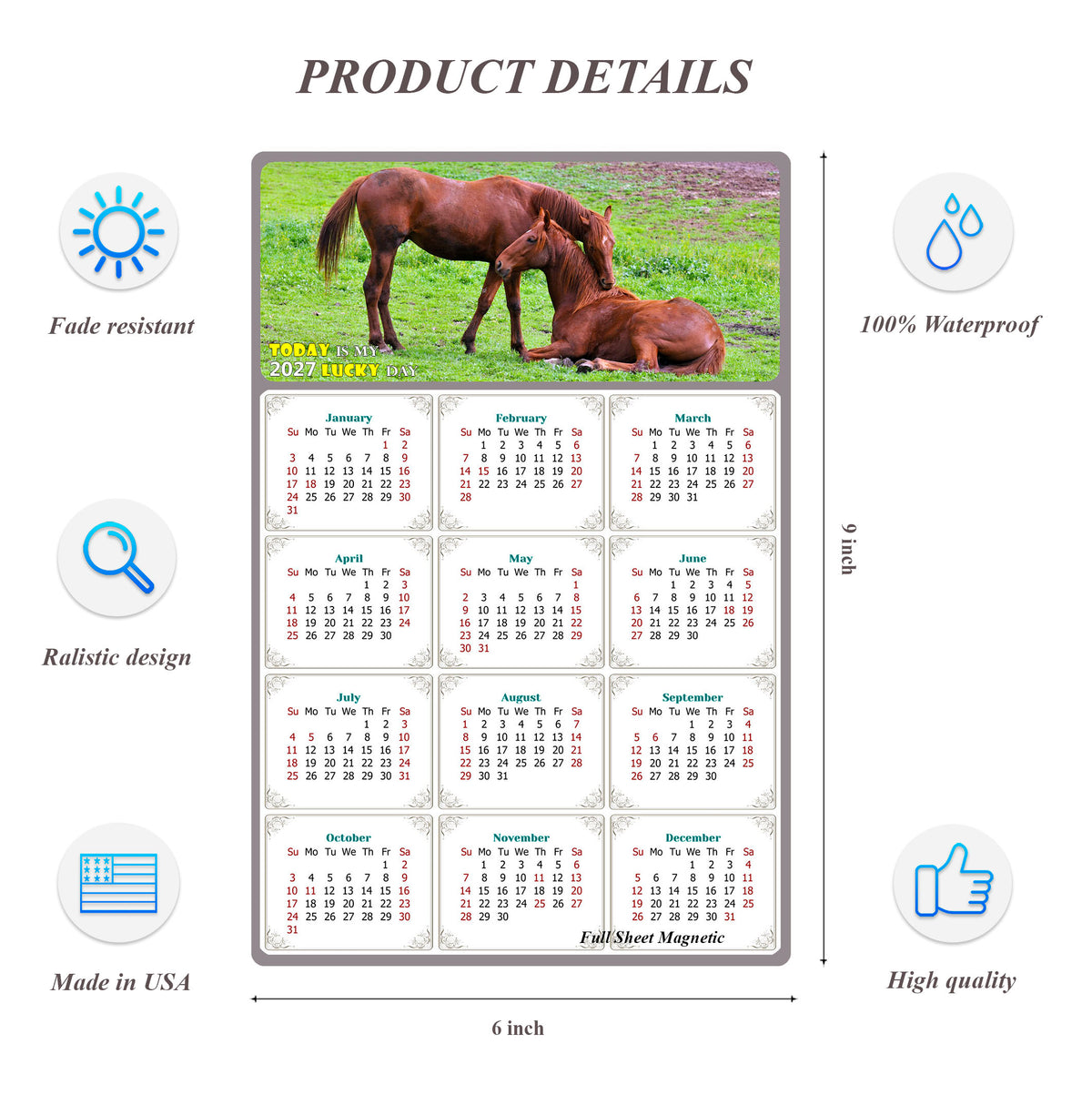 2027 Peel & Stick Calendar - Today is my Lucky Day Removable - Horses 019 (12"x 8")