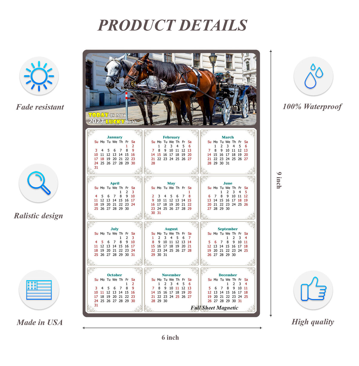 2027 Peel & Stick Calendar - Today is my Lucky Day Removable - Horses 018 (9"x 6")