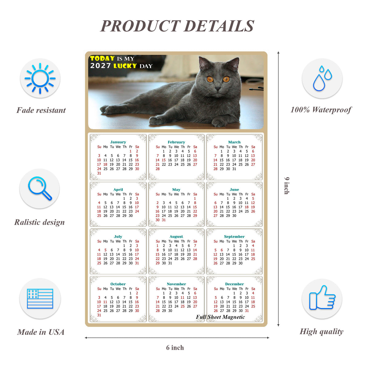 2027 Peel & Stick Calendar - Today is my Lucky Day Removable - Cat 014 (9"x 6")
