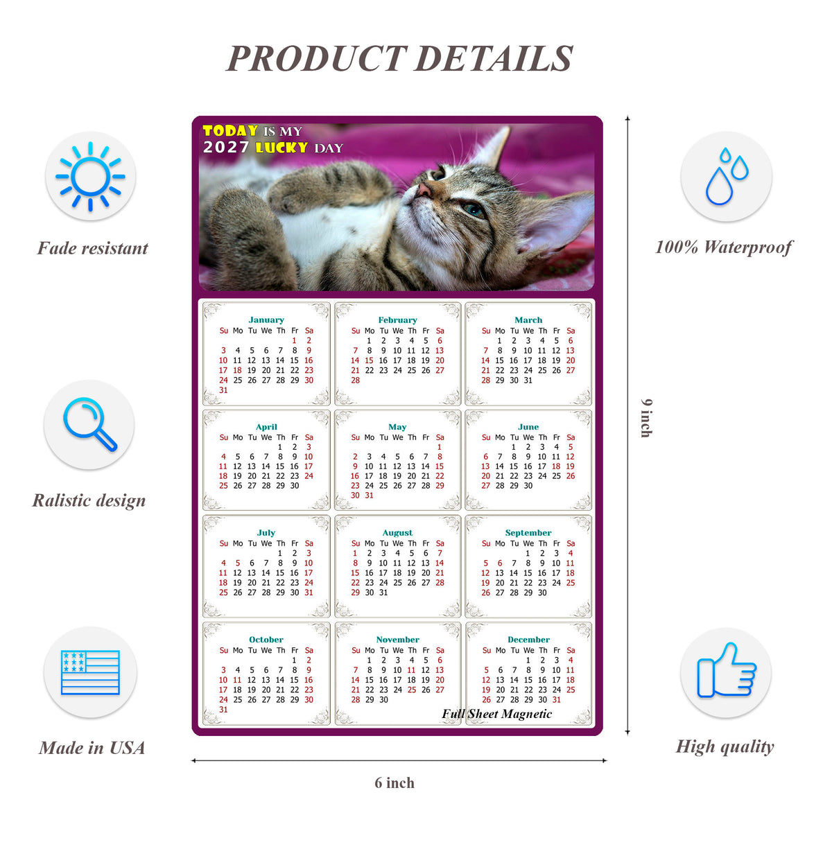 2027 Peel & Stick Calendar - Today is my Lucky Day Removable - Cat 08 (9"x 6")