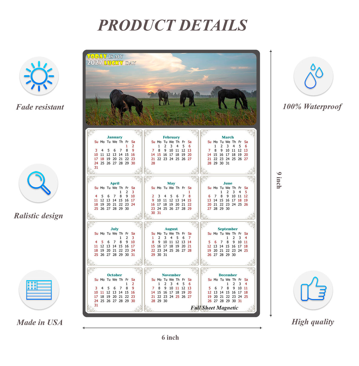 2027 Peel & Stick Calendar - Today is my Lucky Day Removable - Horses 04 (9"x 6")
