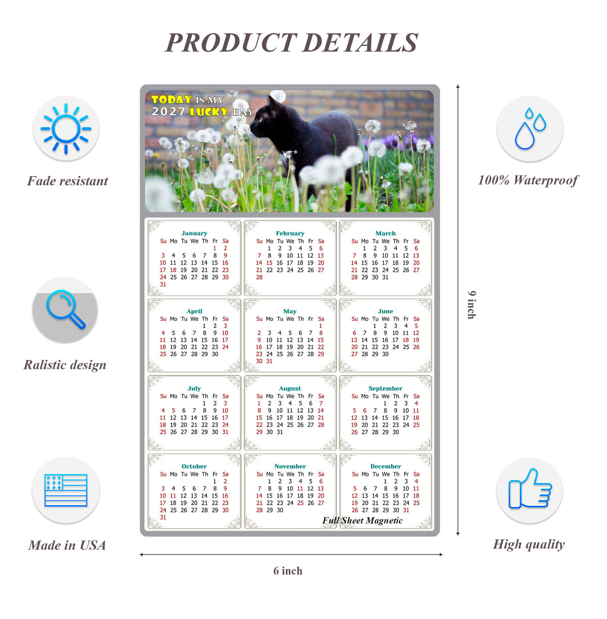 2027 Peel & Stick Calendar - Today is my Lucky Day Removable - Cat 05 (9"x 6")