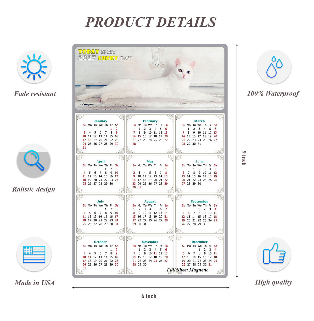 2027 Peel & Stick Calendar - Today is my Lucky Day Removable - Cat 06 (9"x 6")