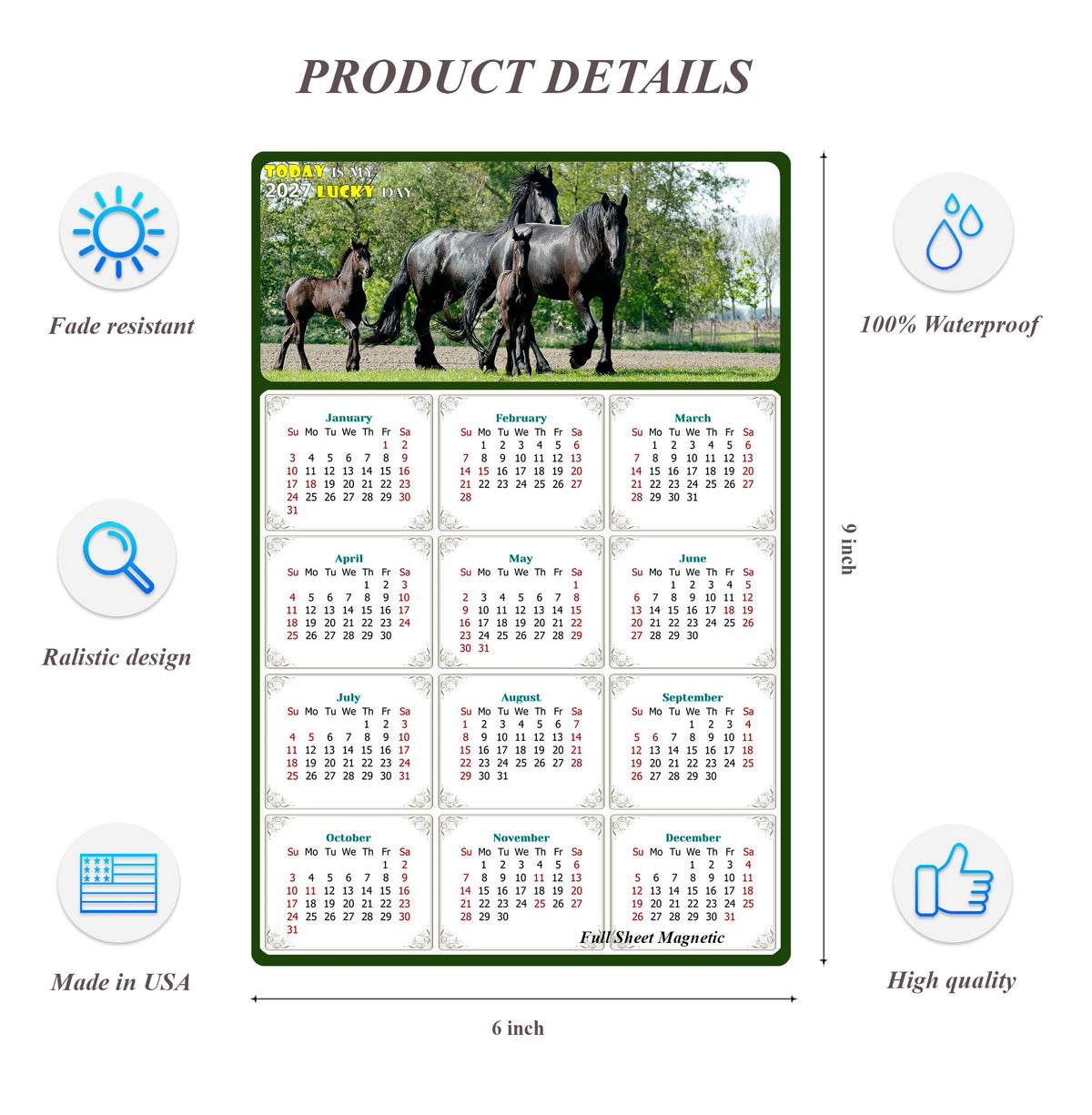 2027 Peel & Stick Calendar - Today is my Lucky Day Removable - Horses 05 (9"x 6")