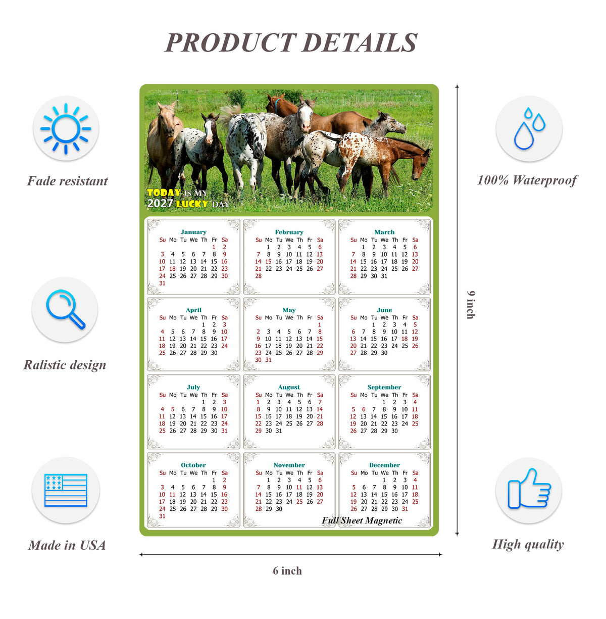 2027 Peel & Stick Calendar - Today is my Lucky Day Removable - Horses 02 (9"x 6")