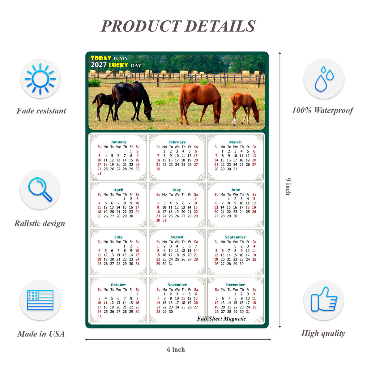 2027 Peel & Stick Calendar - Today is my Lucky Day Removable - Horses 010 (9"x 6")