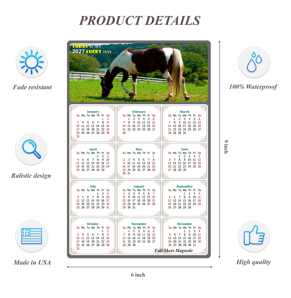 2027 Peel & Stick Calendar - Today is my Lucky Day Removable - Horses 020 (9"x 6")