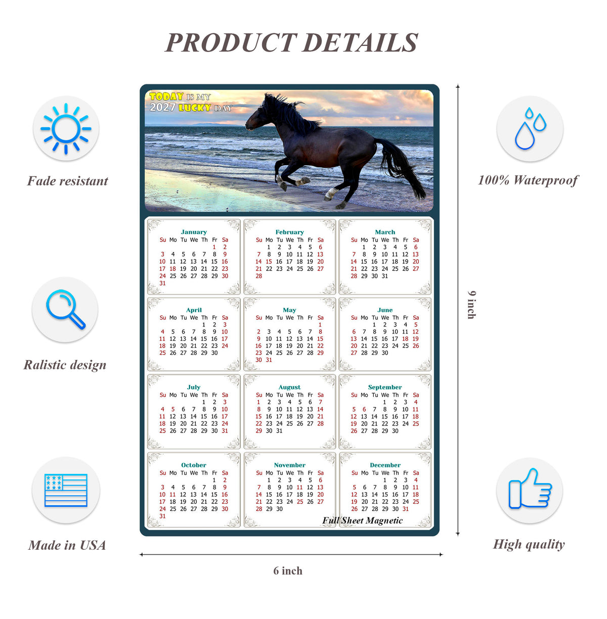 2027 Peel & Stick Calendar - Today is my Lucky Day Removable - Horses 015 (9"x 6")