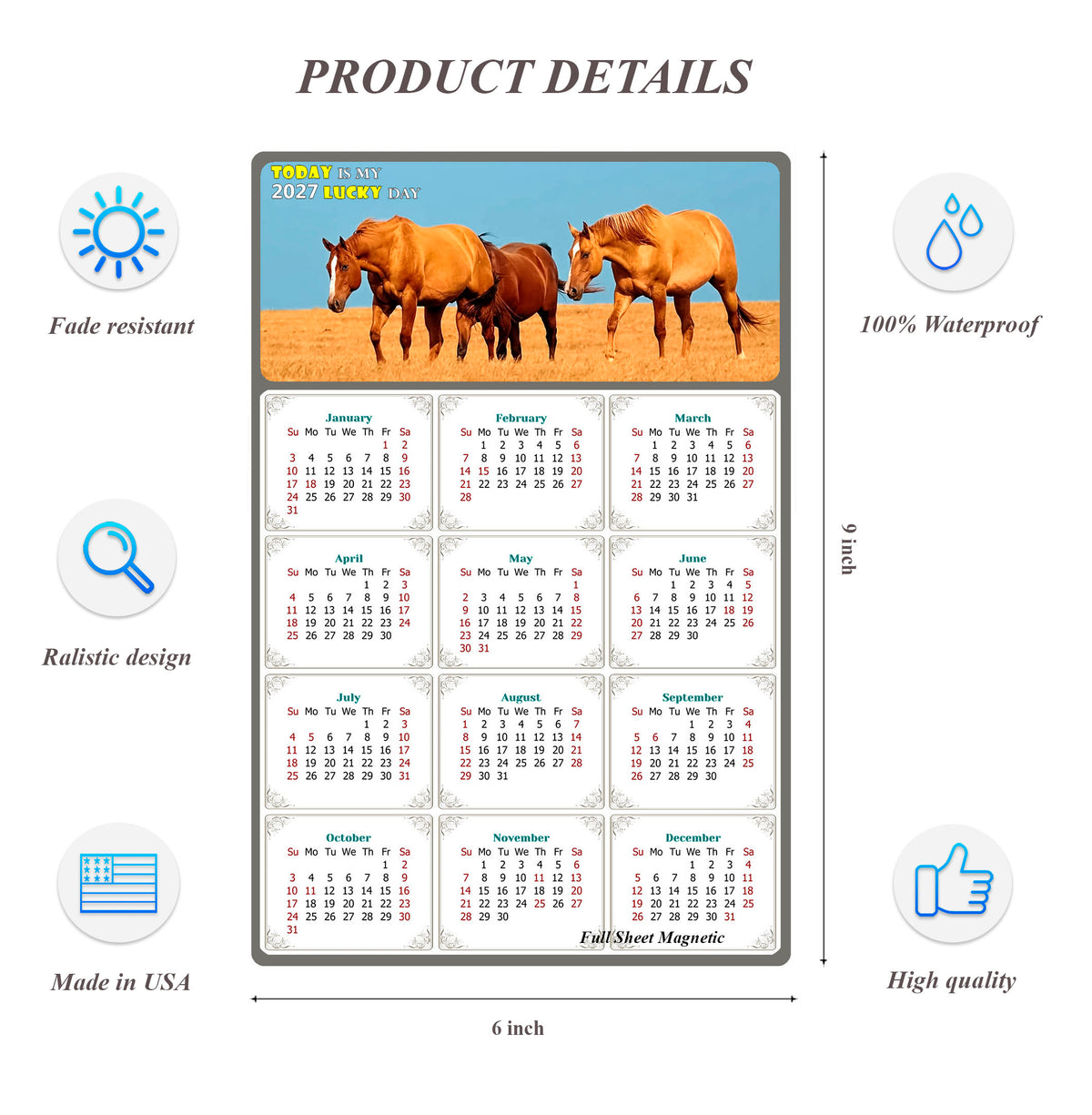 2027 Peel & Stick Calendar - Today is my Lucky Day Removable - Horses 017 (9"x 6")