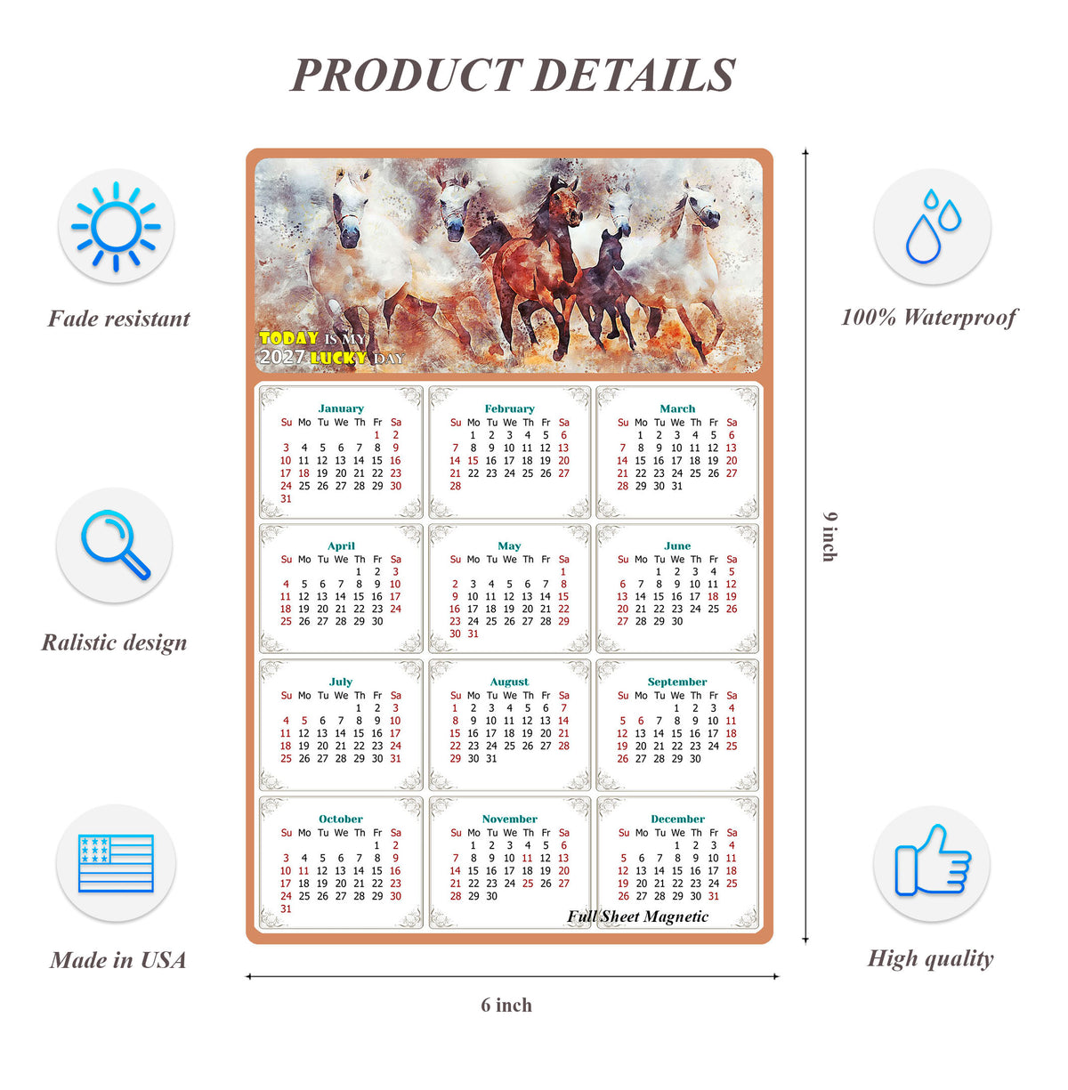 2027 Peel & Stick Calendar - Today is my Lucky Day Removable - Horses 09 (9"x 6")