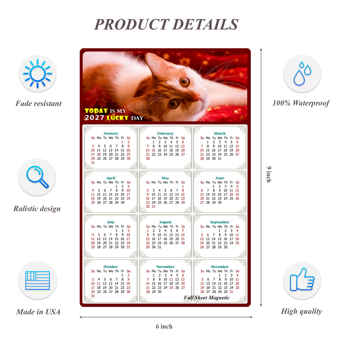 2027 Peel & Stick Calendar - Today is my Lucky Day Removable - Cat 07 (9"x 6")