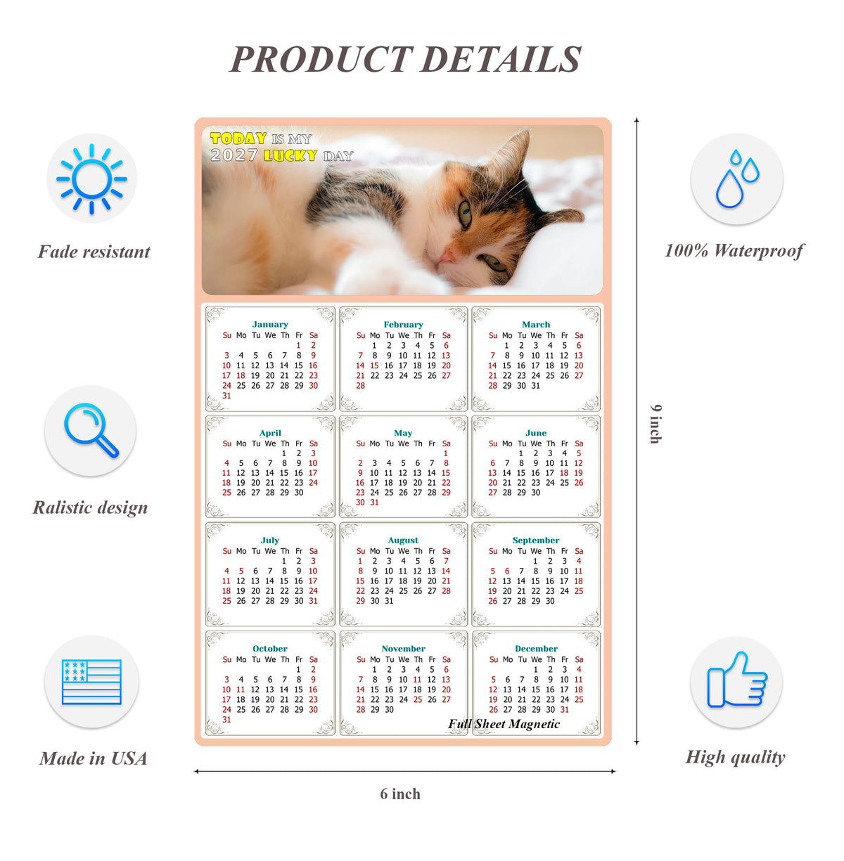 2027 Peel & Stick Calendar - Today is my Lucky Day Removable - Cat 04 (9"x 6")