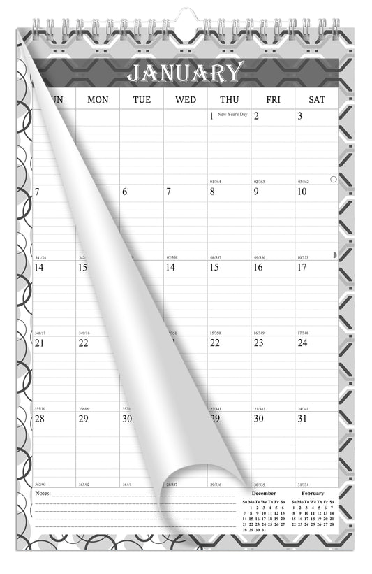 2026 Wall Calendar Spiral-Bound Twin-Wire Binding - 12 Months 03 B&W