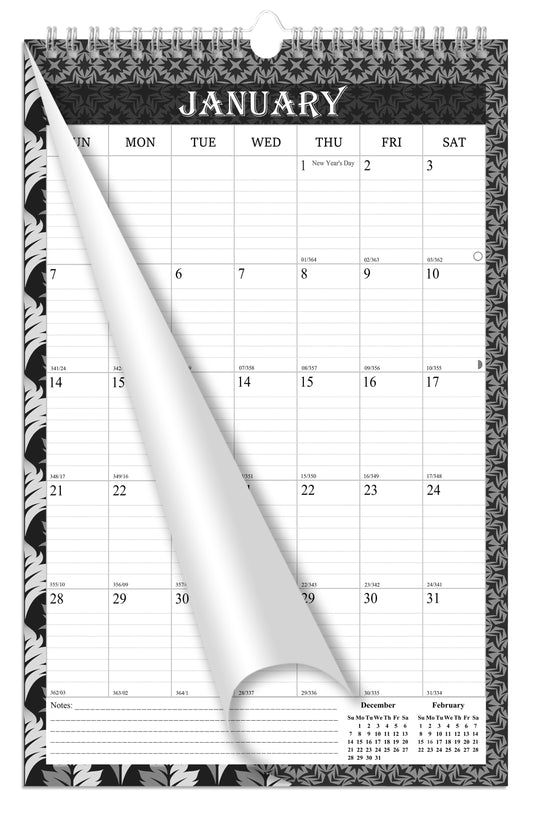 2026 Wall Calendar Spiral-Bound Twin-Wire Binding - 12 Months  014 B&W