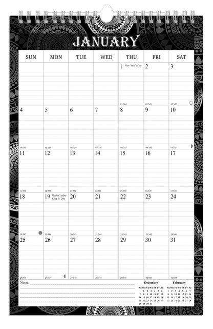 2026 Wall Calendar Spiral-Bound Twin-Wire Binding - 12 Months  09 B&W