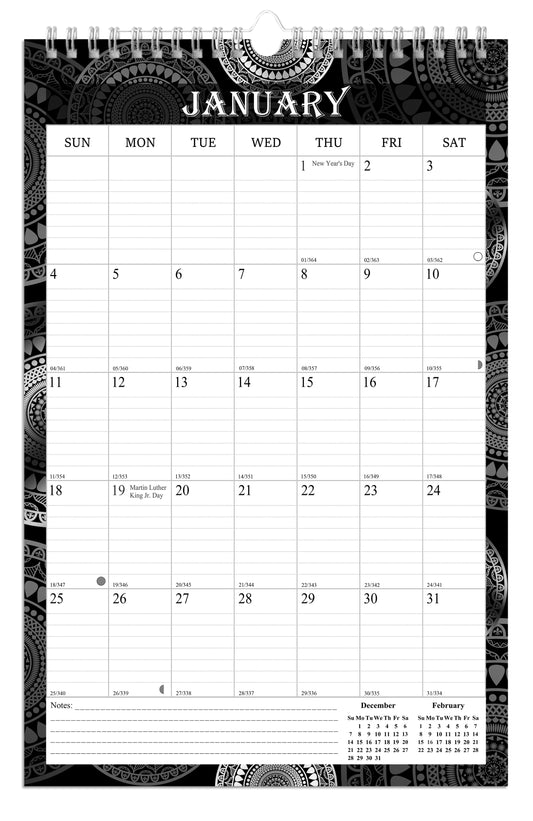 2026 Wall Calendar Spiral-Bound Twin-Wire Binding - 12 Months  09 B&W