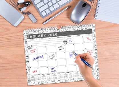 2025-2026 Monthly Spiral-Bound Wall/Desk Calendar - Desktop/Wall Blotter Calendar/Planner - (Edition B&W #030)