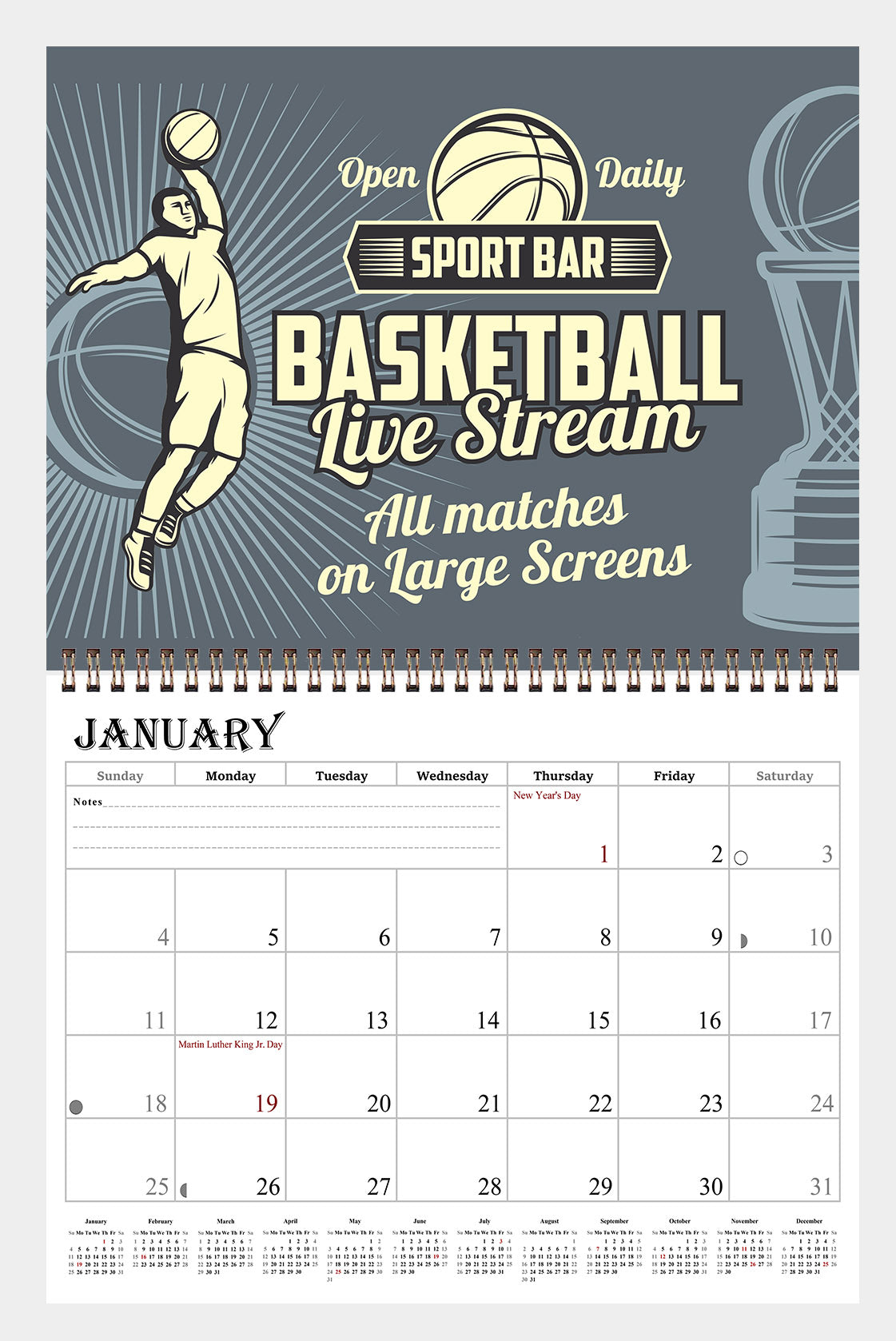 2027 Spiral-bound Wall Calendar (Basketball) - 12 Months Desktop/Wall Calendar/Planner (Copy)