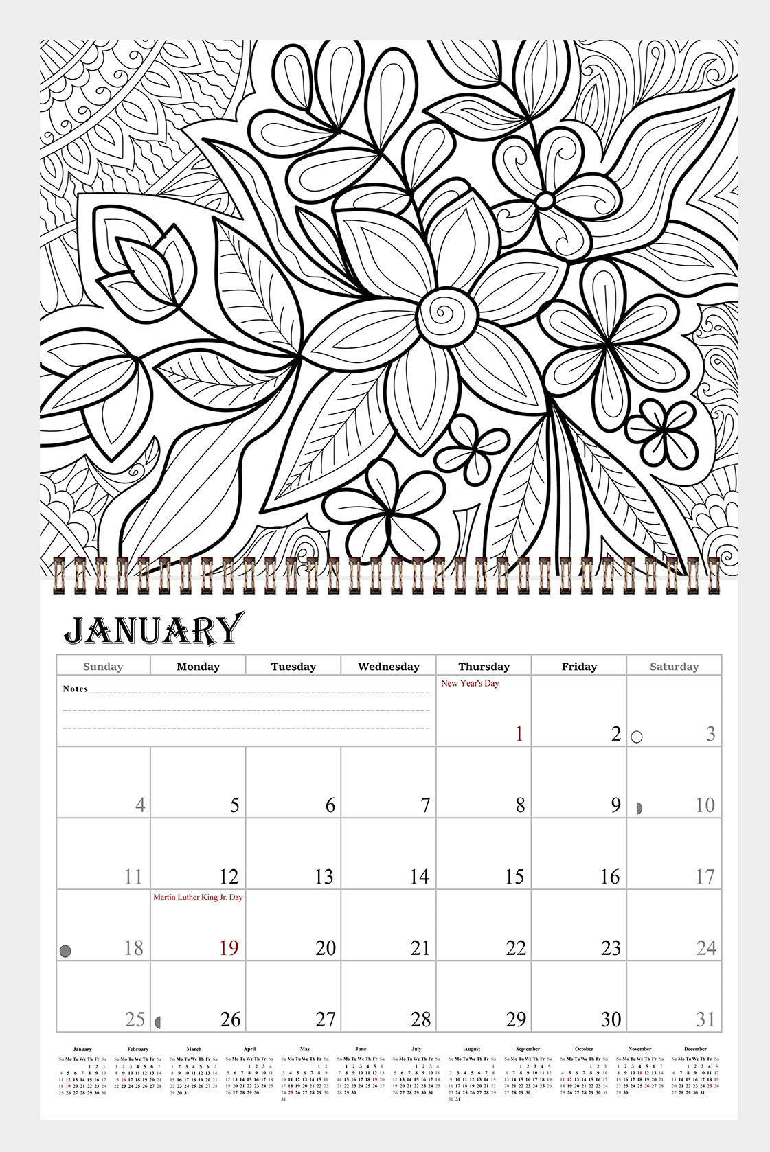 2027 Coloring Wall Calendar - 12 Months Desktop (Flowers) (11x17)