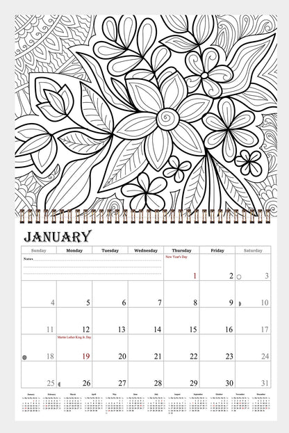 2027 Coloring Wall Calendar - 12 Months Desktop (Flowers) (11x17)