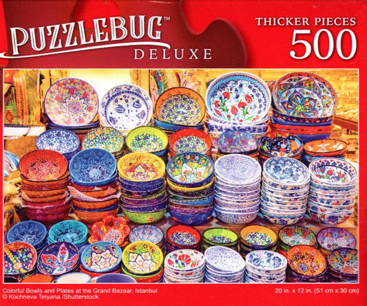 Colorful Bowls and Plates at The Grand Bazar, Istanbul - 500 Pieces Deluxe Jigsaw Puzzle