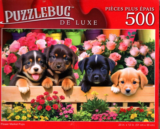 Flower Market Pups - 500 Pieces Deluxe Jigsaw Puzzle