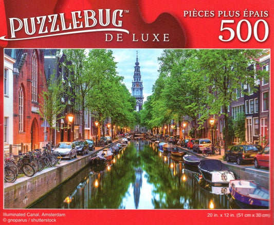 Illuminated Canal, Amsterdam - 500 Pieces Deluxe Jigsaw Puzzle