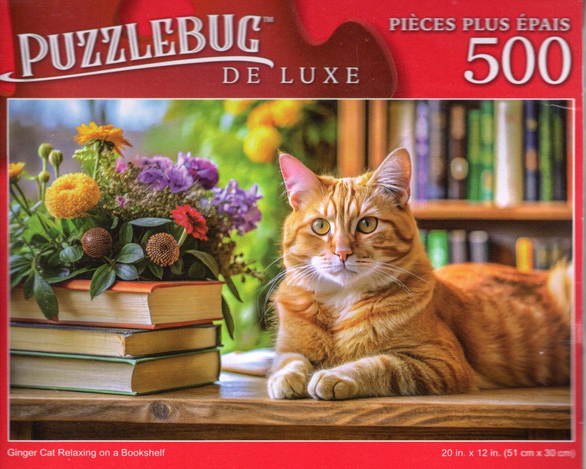 Ginger Cat Relaxing on a Bookshelf - 500 Pieces Deluxe Jigsaw Puzzle