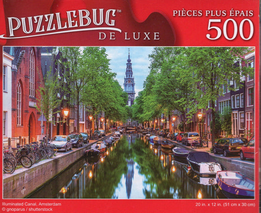 Illuminated Canal, Amsterdam - 500 Pieces Deluxe Jigsaw Puzzle