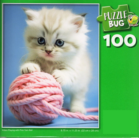 Kitten Playing with Pink Yarn Ball - 100 Piece Jigsaw Puzzle