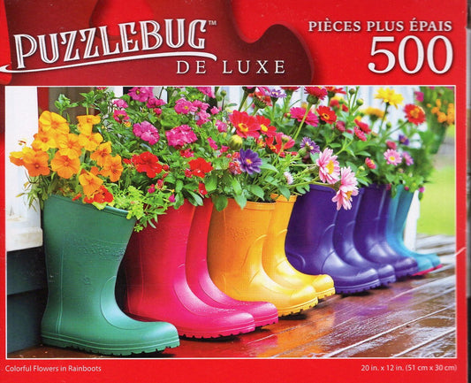 Colorful Flowers in Rainboots - 500 Pieces Deluxe Jigsaw Puzzle